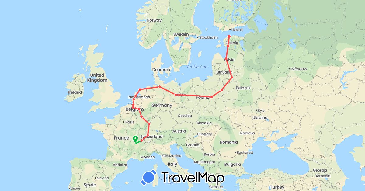 TravelMap itinerary: driving, bus, hiking in Belgium, Switzerland, Germany, Estonia, France, Lithuania, Luxembourg, Latvia, Netherlands, Poland (Europe)